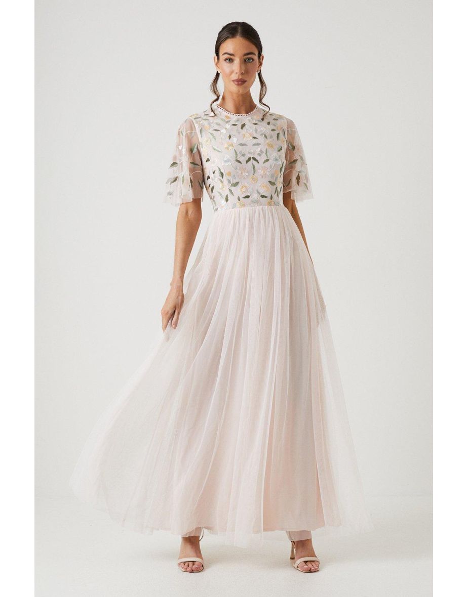 Wildflower Embroidered Top Mesh Skirt Bridesmaids Dress