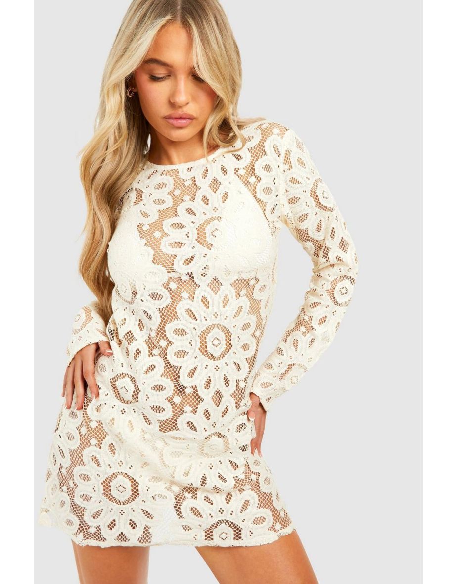 Crochet Open Back Beach Mini Dress - cream
