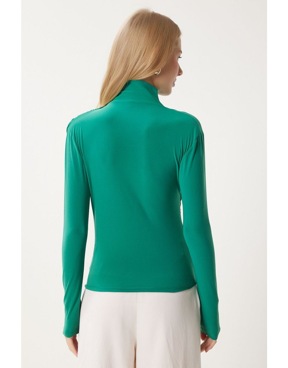 Women's Vivid Green Gathered Detailed Stand Collar Sandy Blouse - 6