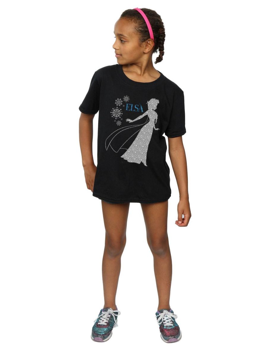 Disney Girls Frozen Elsa Christmas Silhouette Cotton T-Shirt - Black