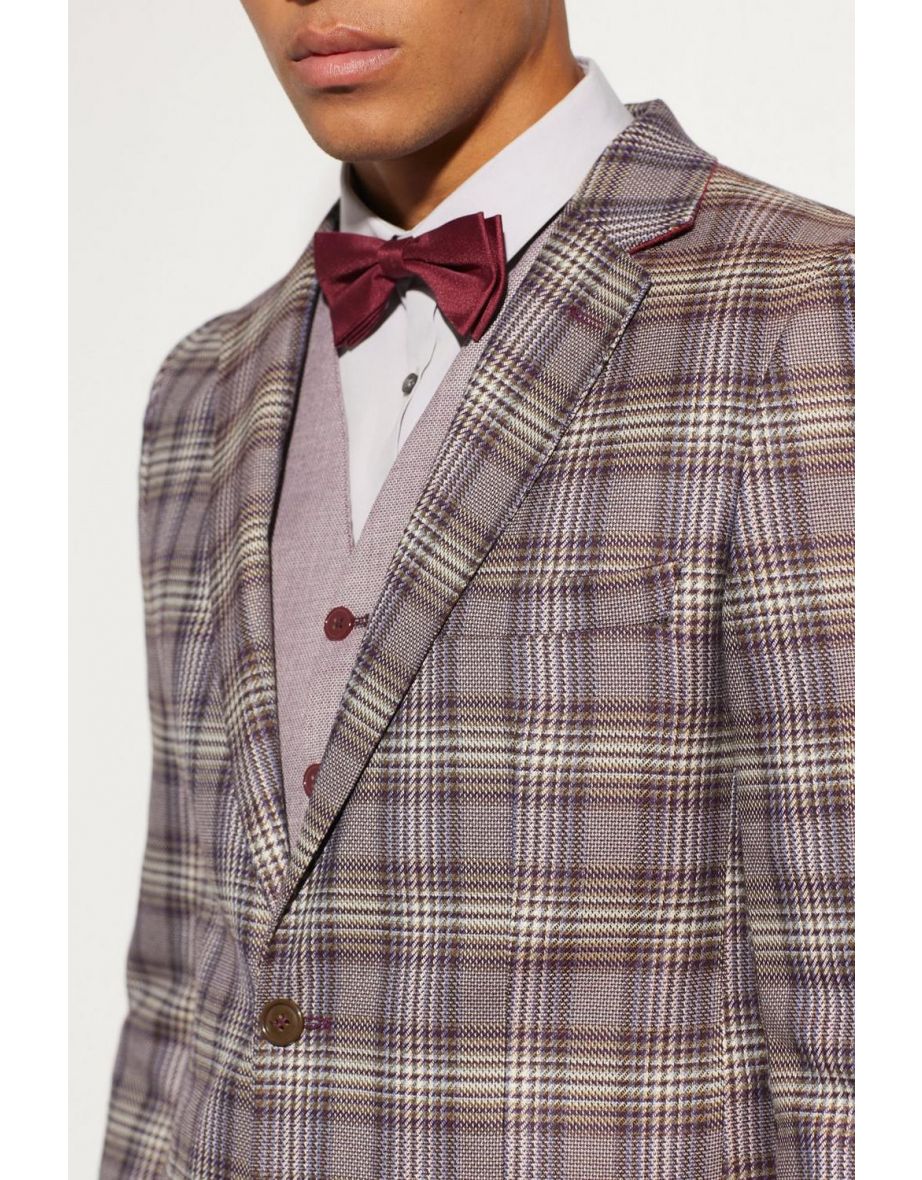 Slim Single Breasted Check Suit Jacket - red - 2