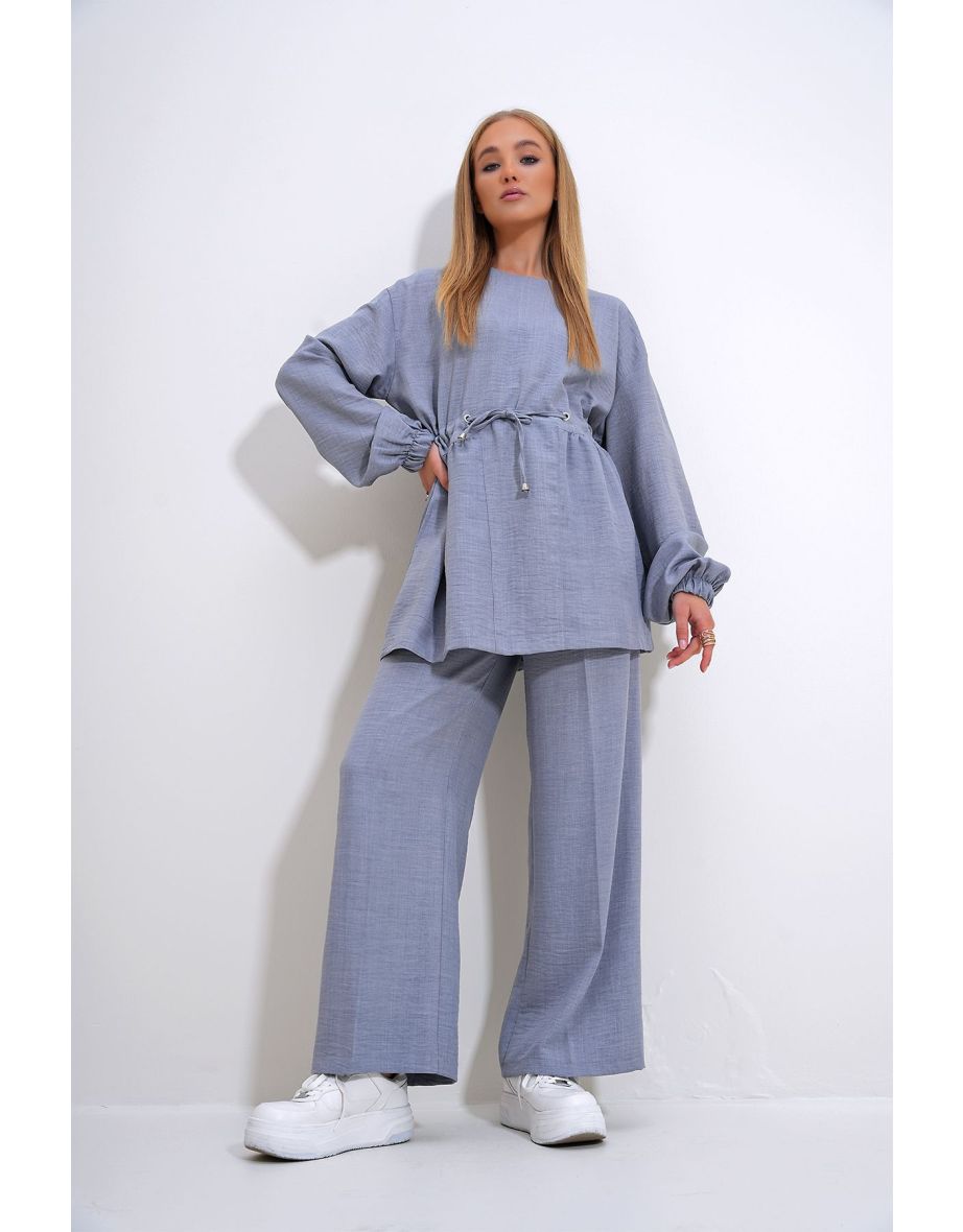 Women's Gray Crew Neck Self-Belt Palazzo Trousers Tunic Suit