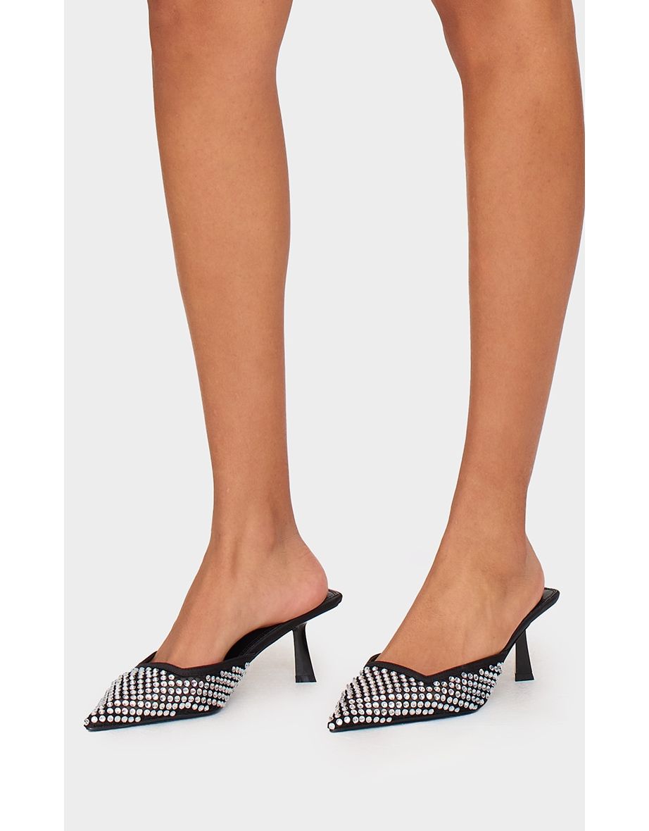Black Diamante Mesh Point Toe Mid Stiletto Heeled Mules