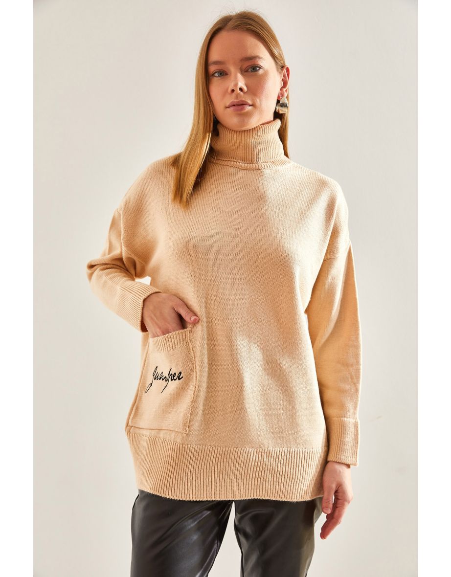 Women's Turtleneck Pocket Embroidery Embroidered Knitwear Sweater - 5