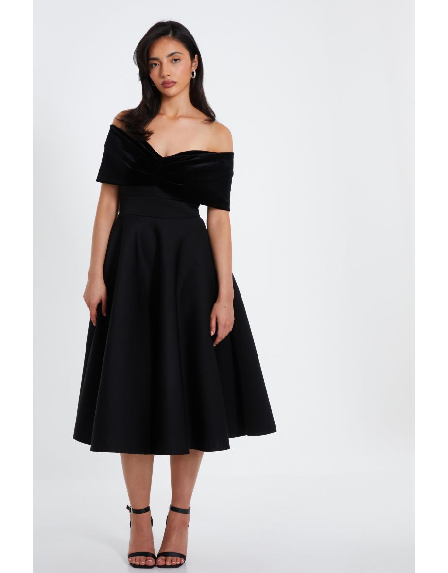 Black Velvet Neckline Skater Dress
