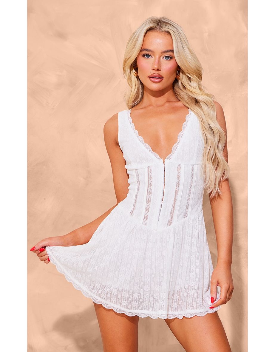 Shop White Textured Lace Corset Detail Floaty Playsuit Online in Saudi Arabia VogaCloset