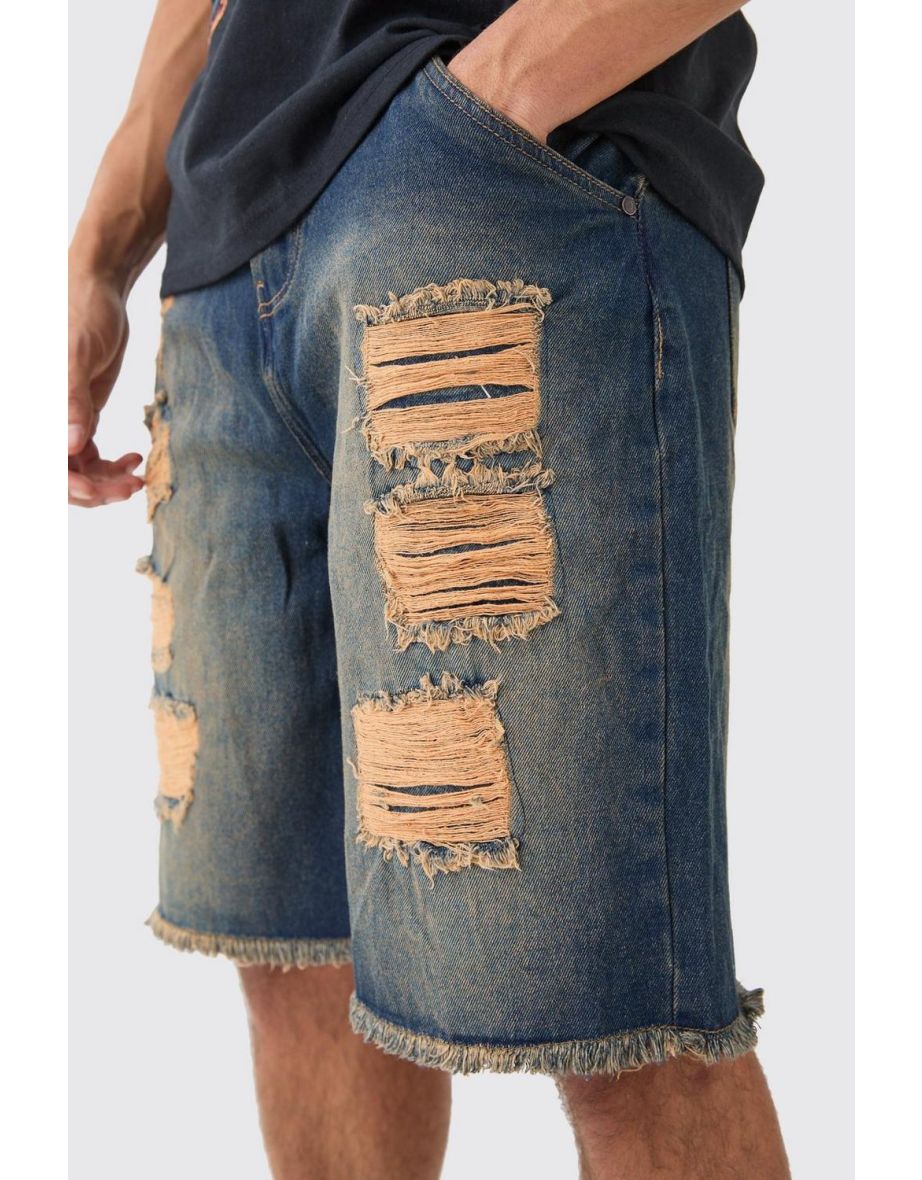 Relaxed Rigid All Over Rips Denim Jorts In Vintage Blue - vintage blue - 2
