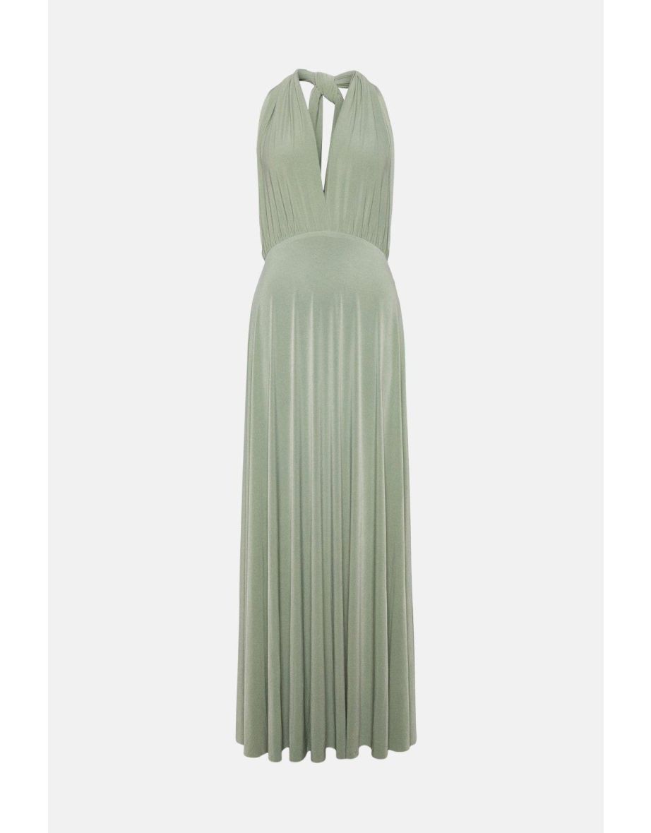Green Halter Neck A-Line Maxi Evening Dress - 3