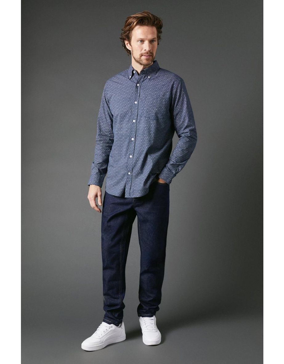 Navy Geo Print Long Sleeve Shirt