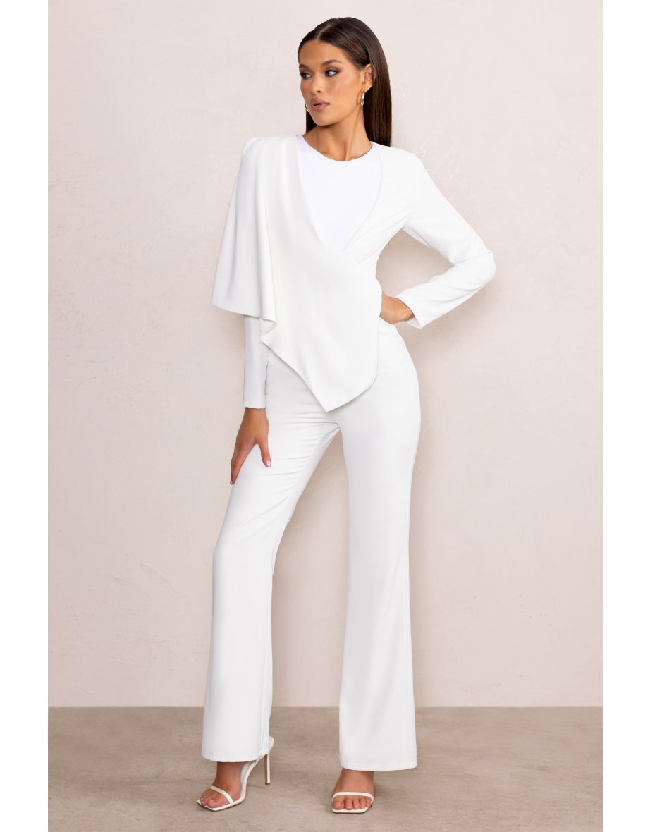 Erika | White Plunge Jumpsuit with One-Shoulder Cape Overlay - 4