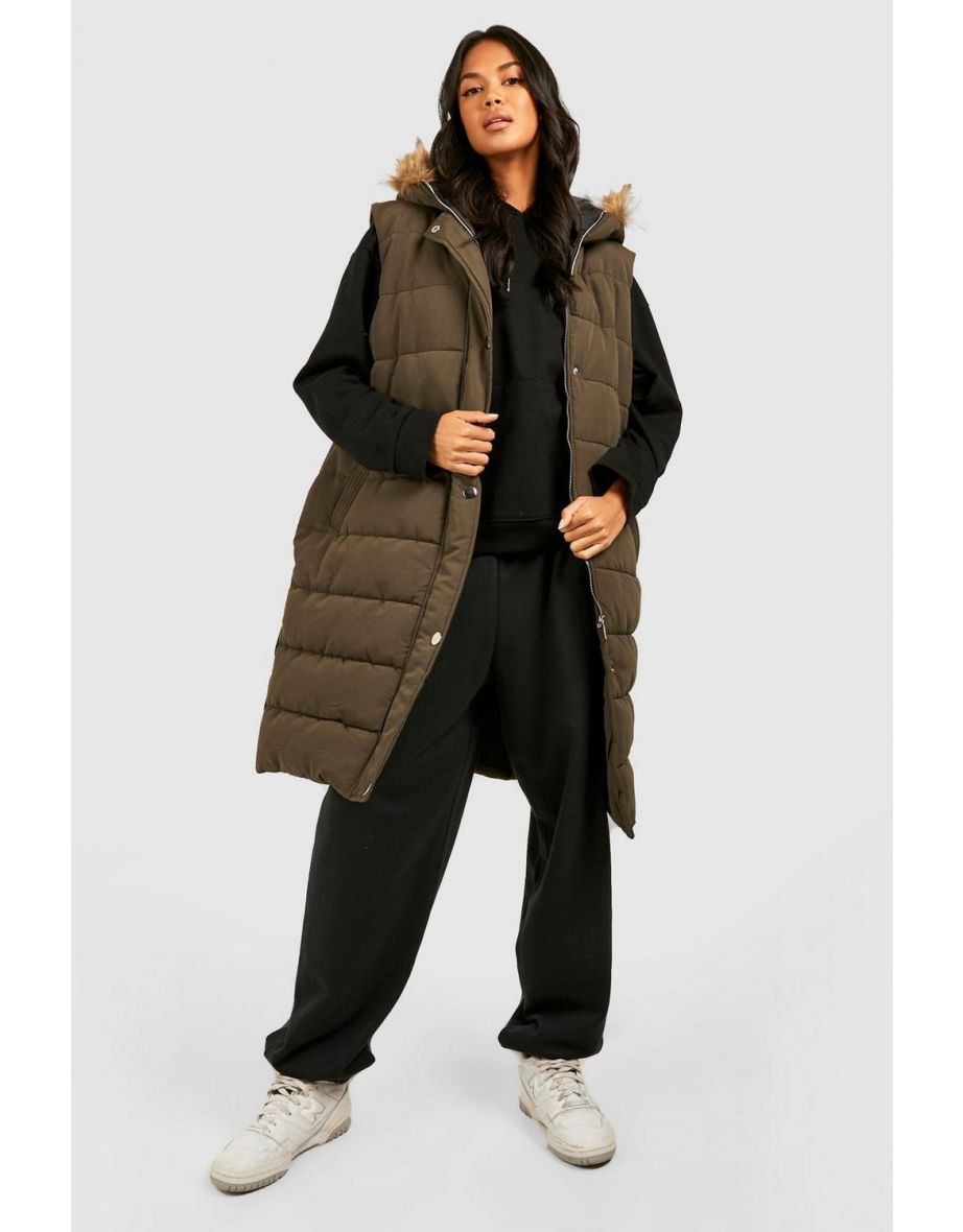 Faux Fur Trim Longline Gilet - khaki - 3