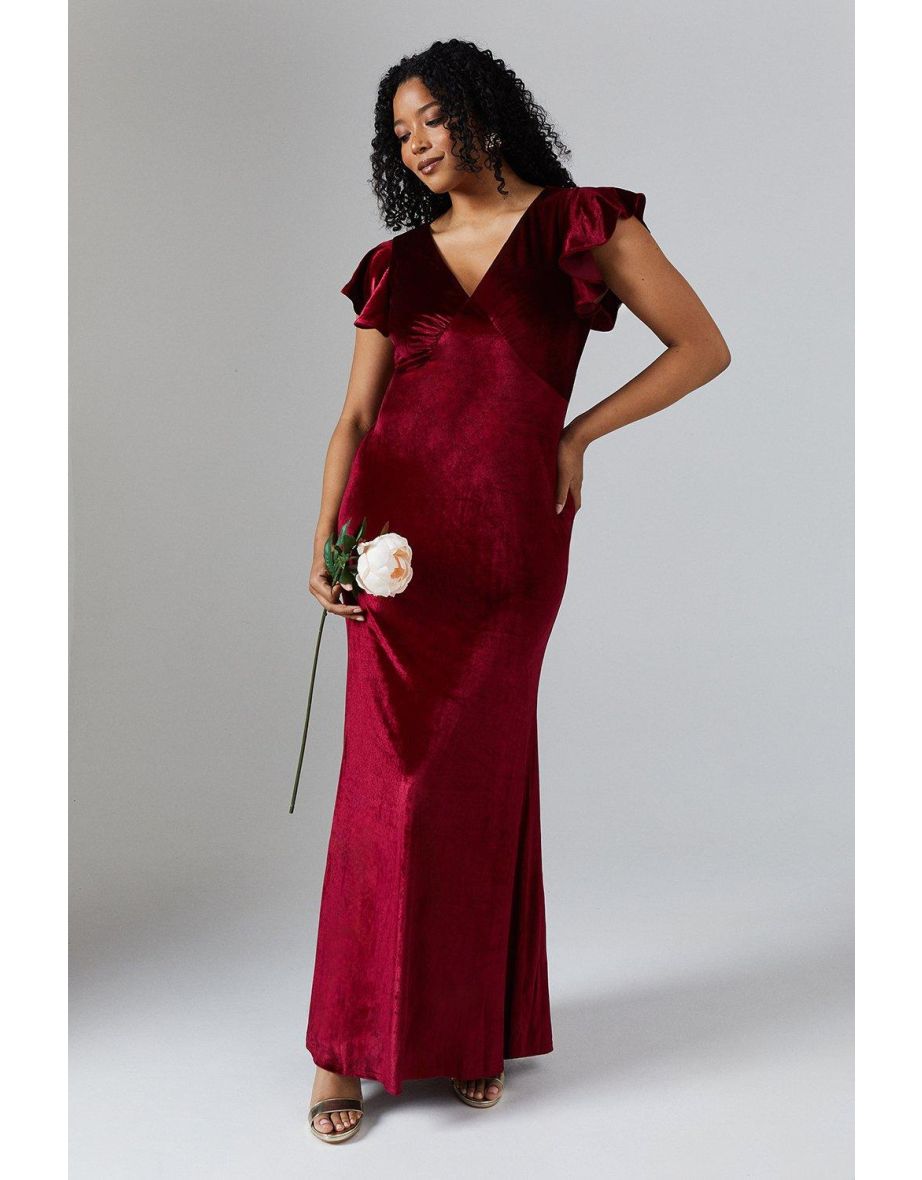 V Neck Ruffle Sleeve Velvet Bridesmaids Dress