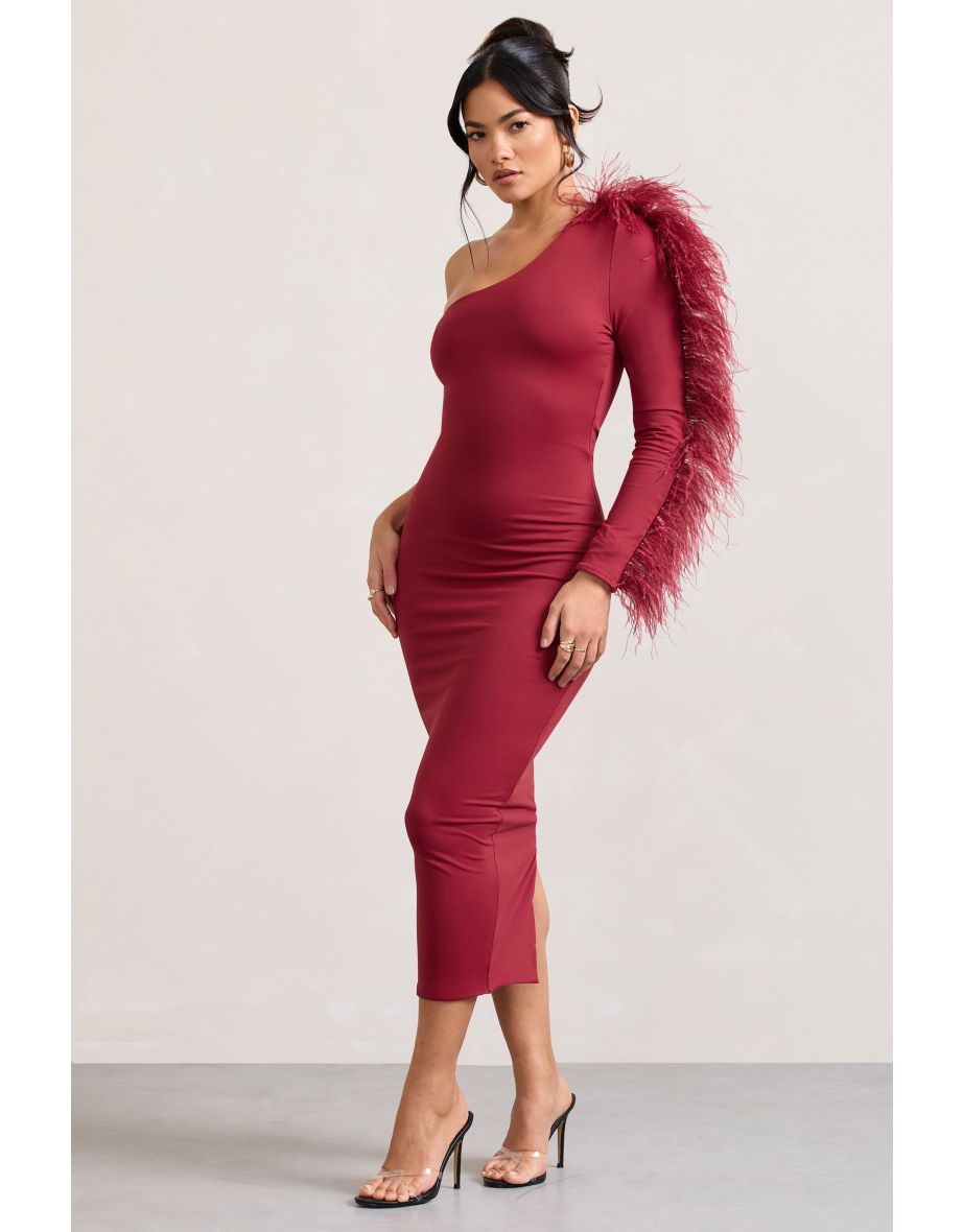 Wild One | Burgundy One-Shoulder Bodycon Midaxi Dress With Feather-Trimmed Sleeve - 4