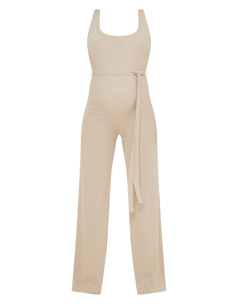 Maternity Oatmeal Ribbed Tie Waist Jumpsuit - 4