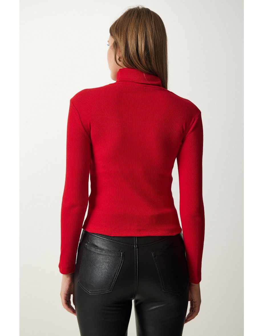 Women's Red Cut Out Detailed Turtleneck Corded Knitted Blouse - 4