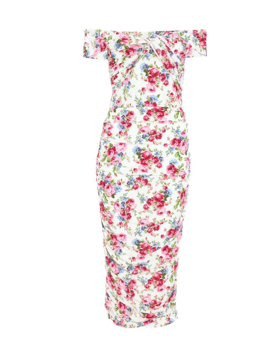 Cream Floral Satin Bardot Midaxi Dress - 5