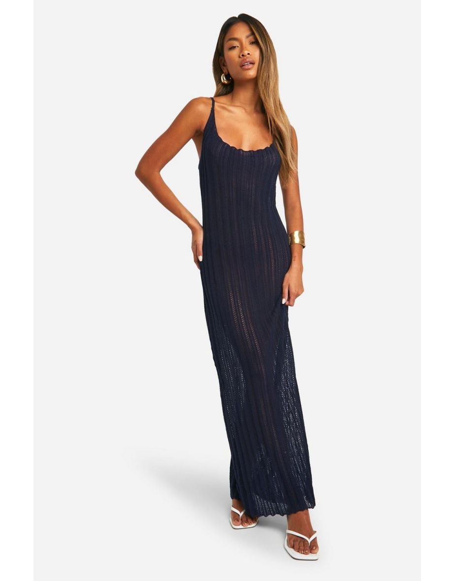 Crochet Ladder Cowl Neck Knitted Maxi Dress - navy