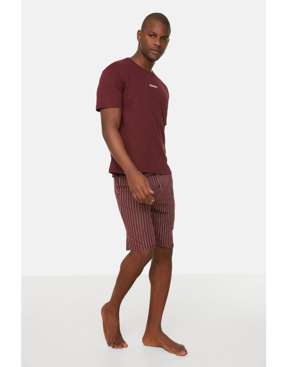 Claret Red Men Regular Fit Moon Print Knitted Pajamas Set .