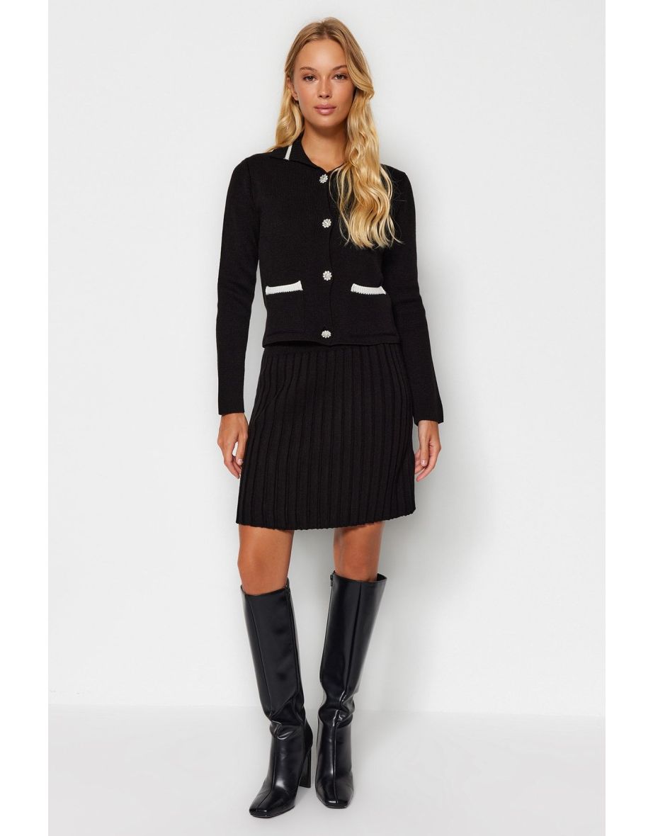 Black Crop, Pocket Detailed Mini Skirt, Sweater Top-Top Set