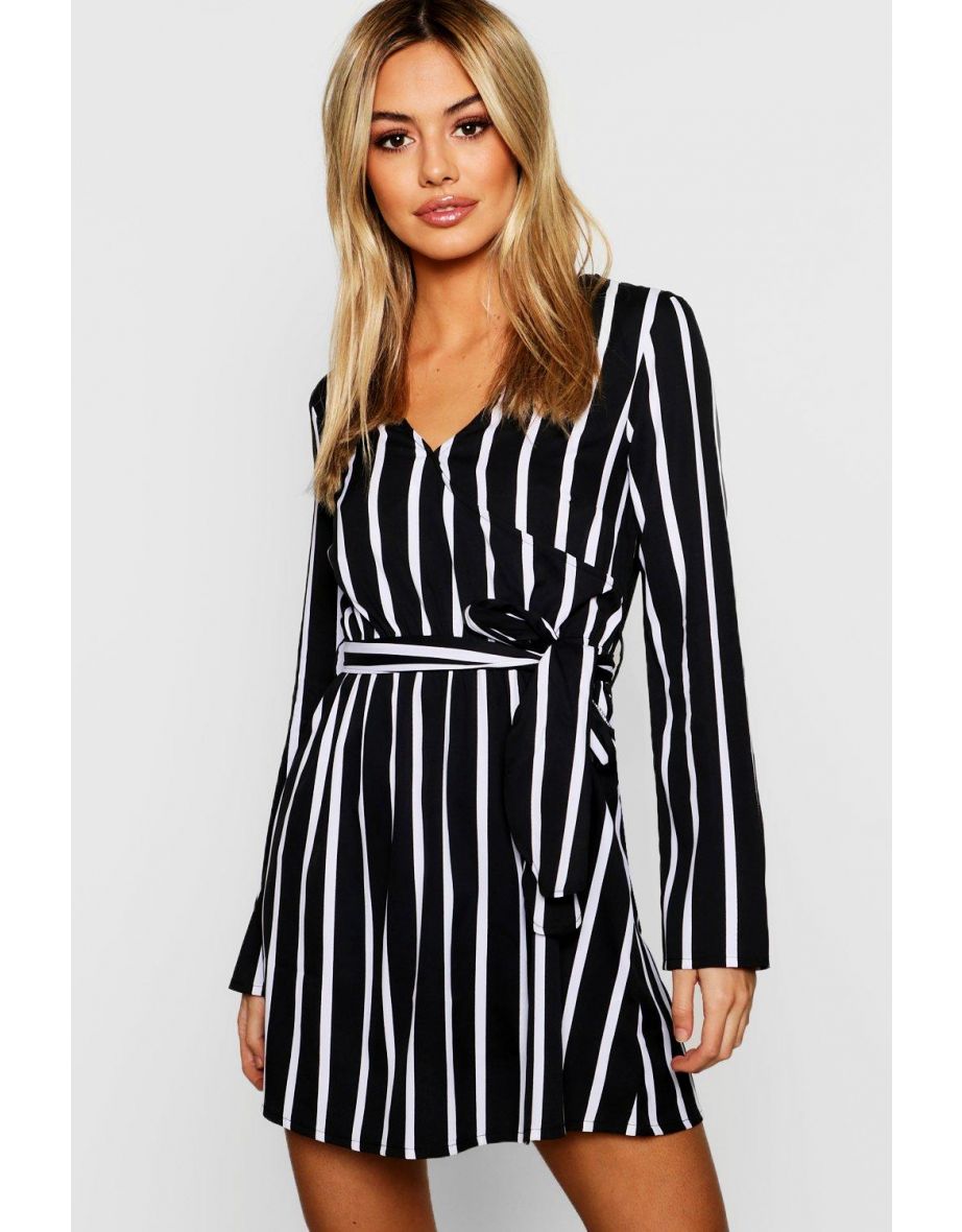 Petite Black Wrap Over Stripe Shift Dress - black