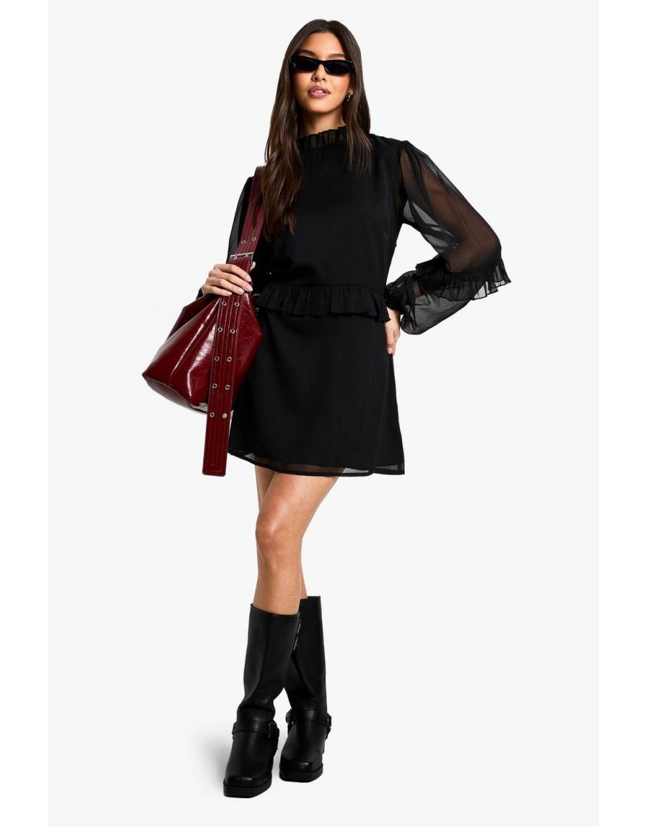 Chiffon High Neck Shift Mini Dress - black
