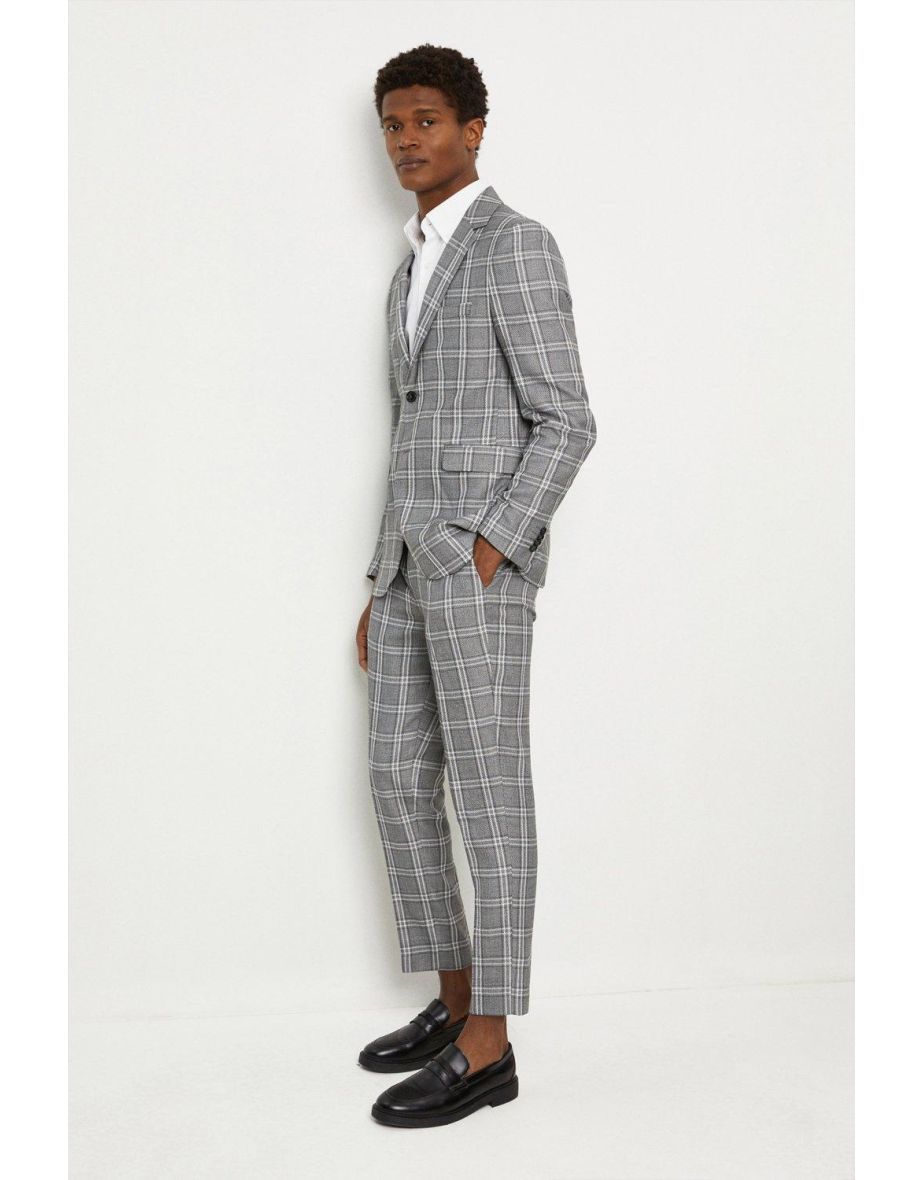 Skinny Fit Grey Textured Check Suit Jacket
