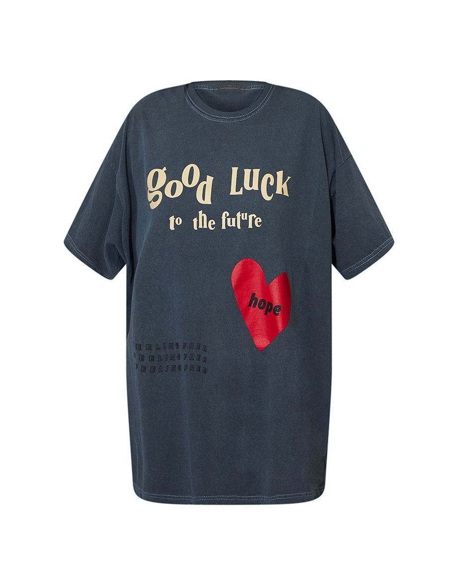 Charcoal Good Luck Heart Print Washed T Shirt - 4