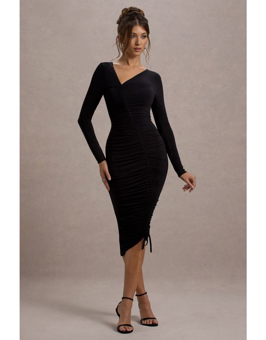 Lilia | Black Ruched Asymmetric Midi Dress