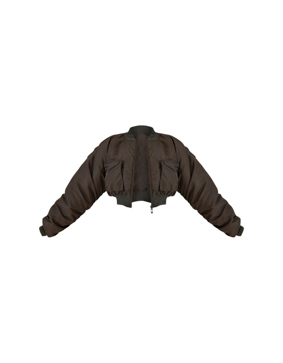 Dark Olive Cropped Ruched Sleeve Utility Pocket Bomber Jacket - 4
