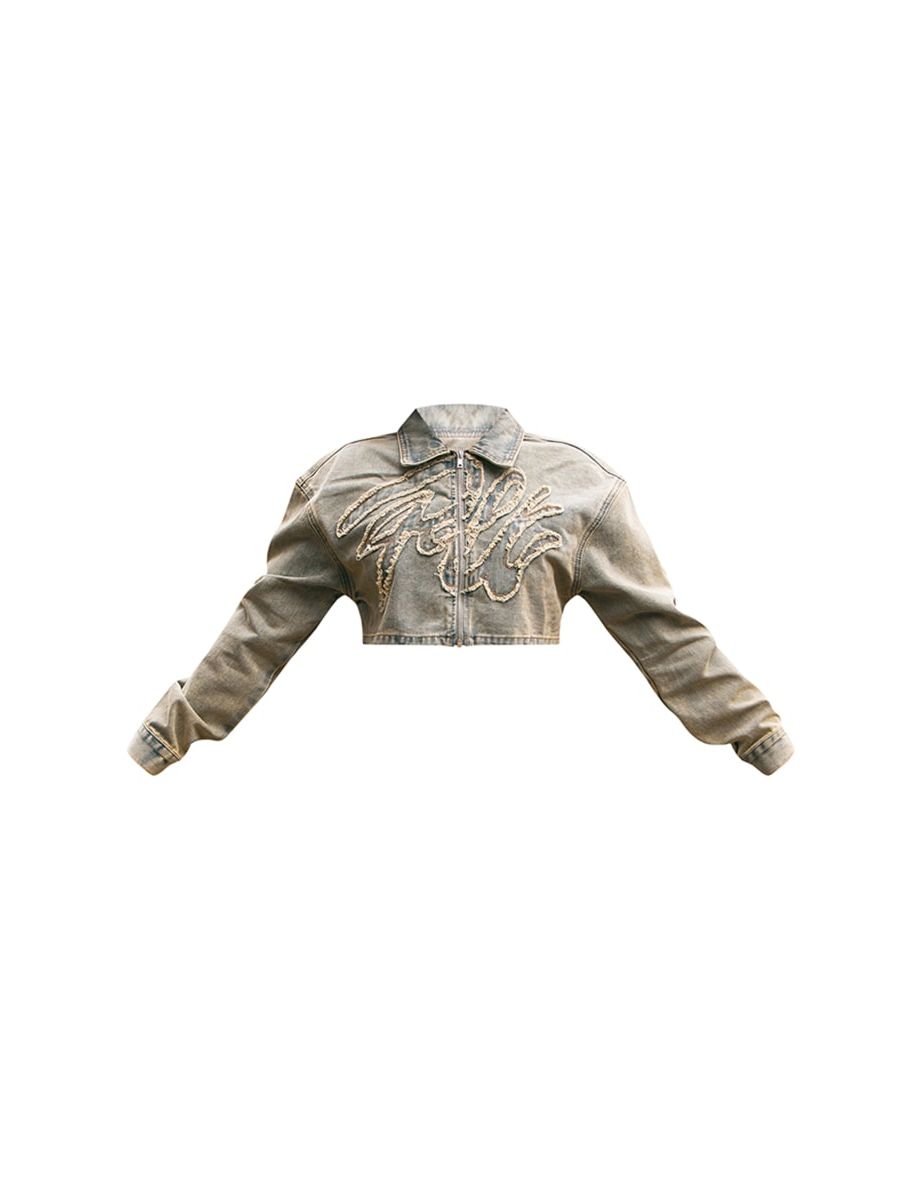 Light Blue Wash Frayed Graphic Detail Super Cropped Denim Jacket - 4