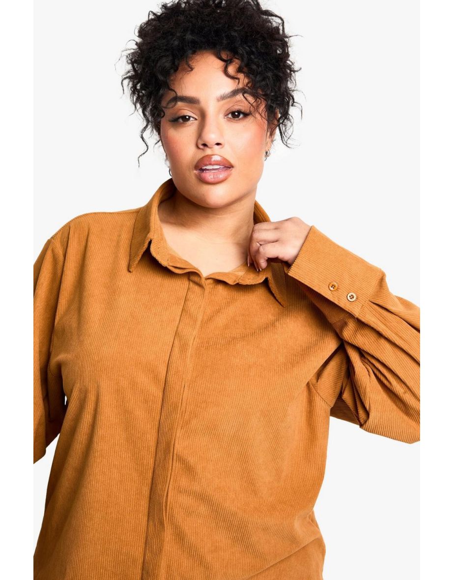 Plus Cord Oversized Shirt - tan - 3