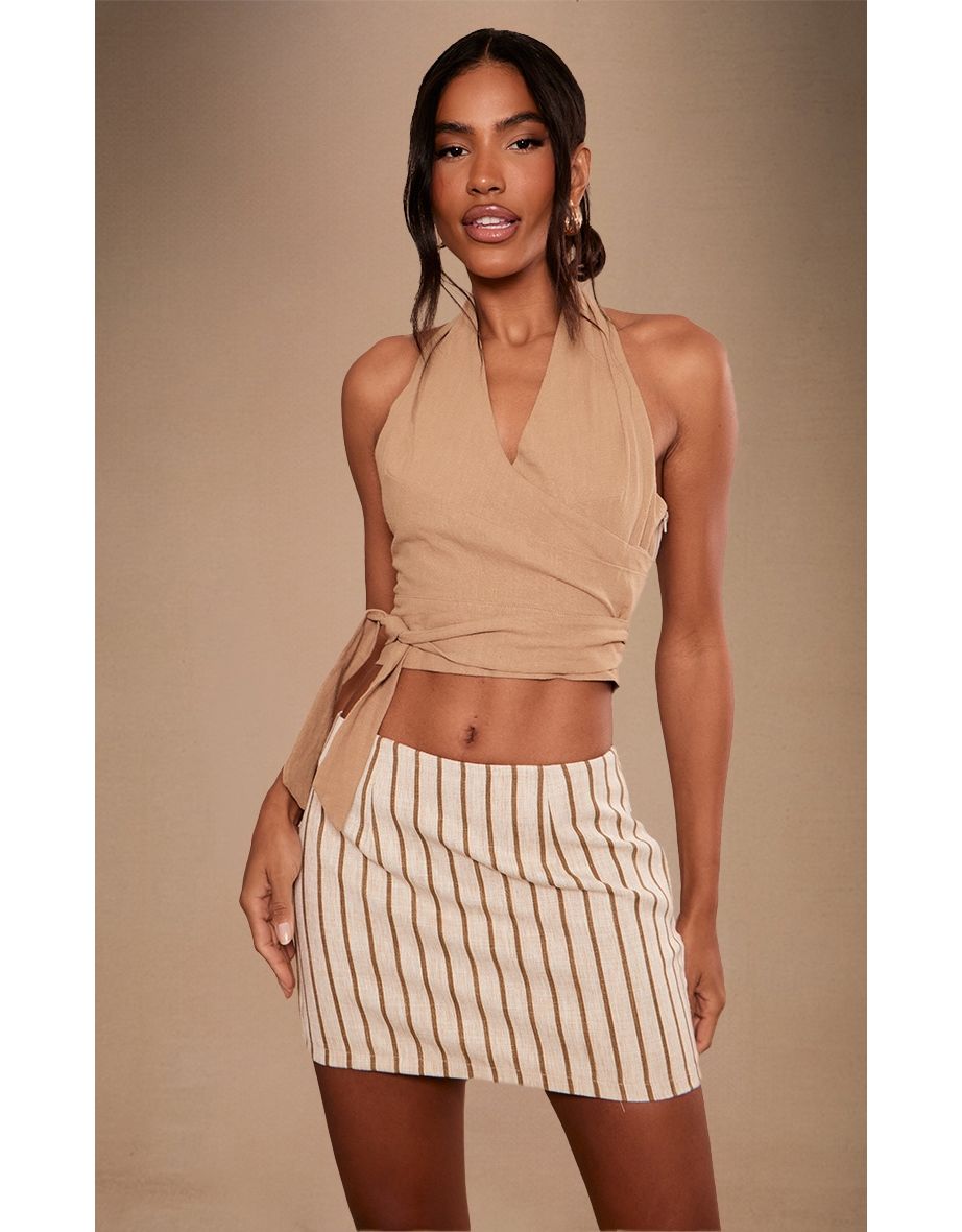 Khaki Structured Linen Look Pleated Halter Crop Top