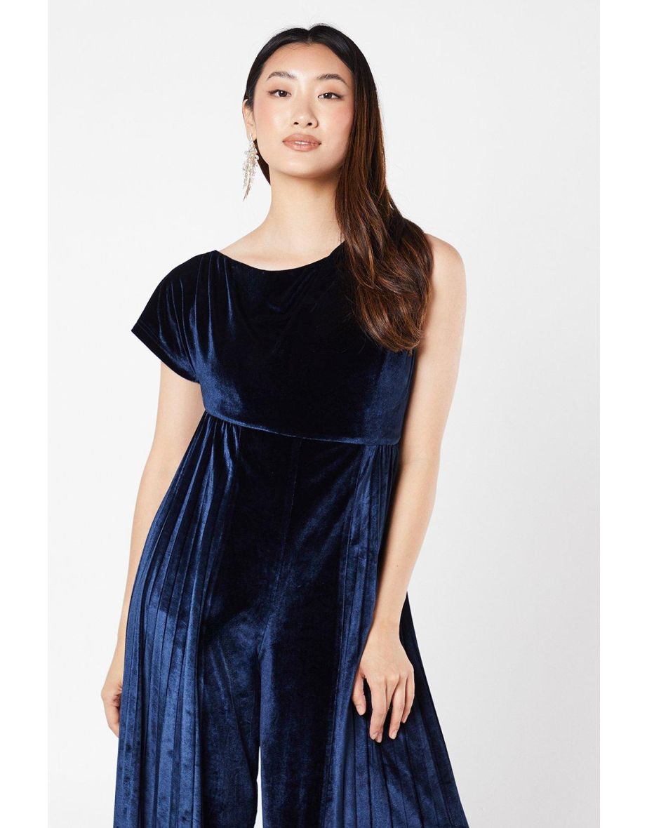 One Shoulder Pleated Leg Velvet Jumpsuit - 3