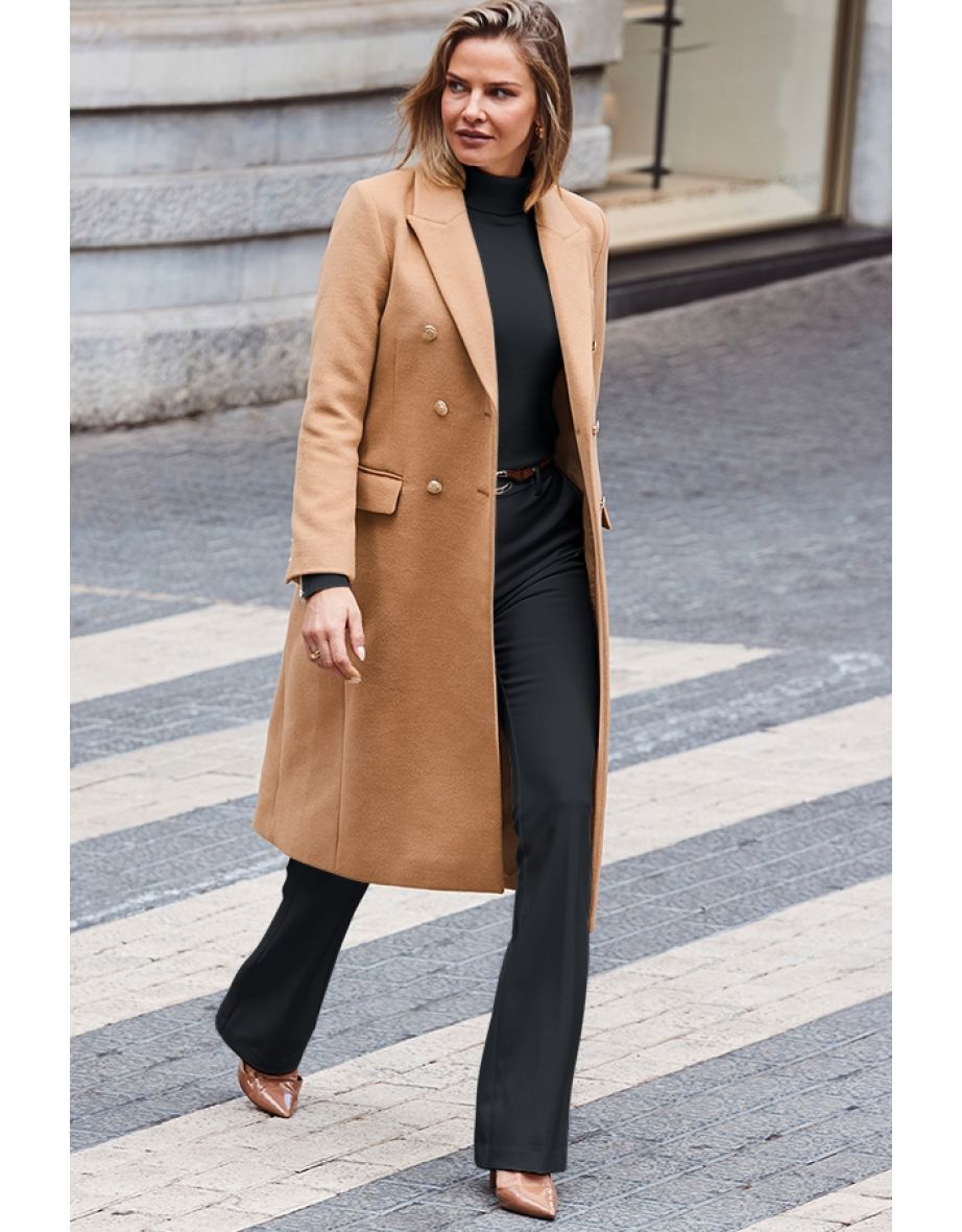 Camel Double Breasted Longline Coat With Gold Button Detail