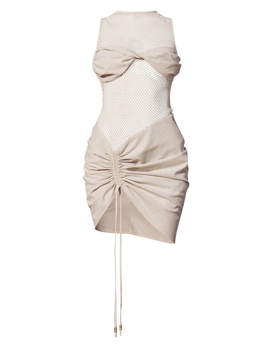 PLT Label Off White Sheer Panel Detail Ruched Bodycon Dress - 4