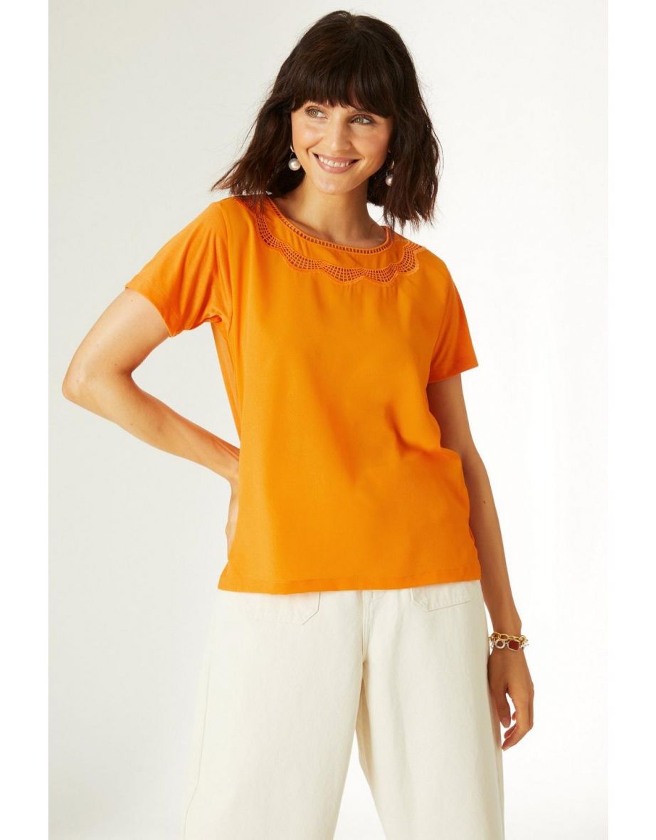 Woven Front Jersey Back Lace Trim Top - orange