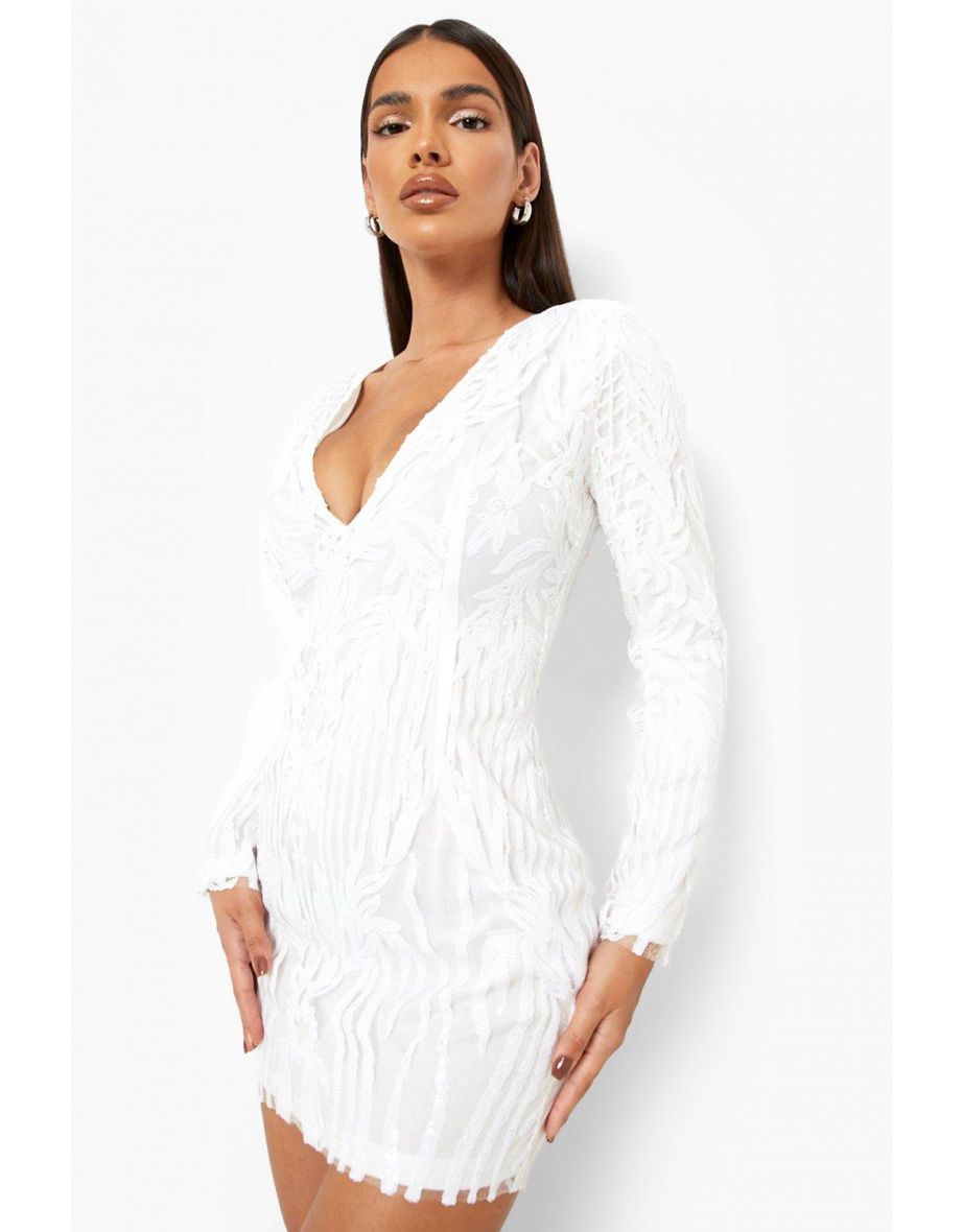 Damask Sequin Shoulder Pad Plunge Mini Party Dress - white