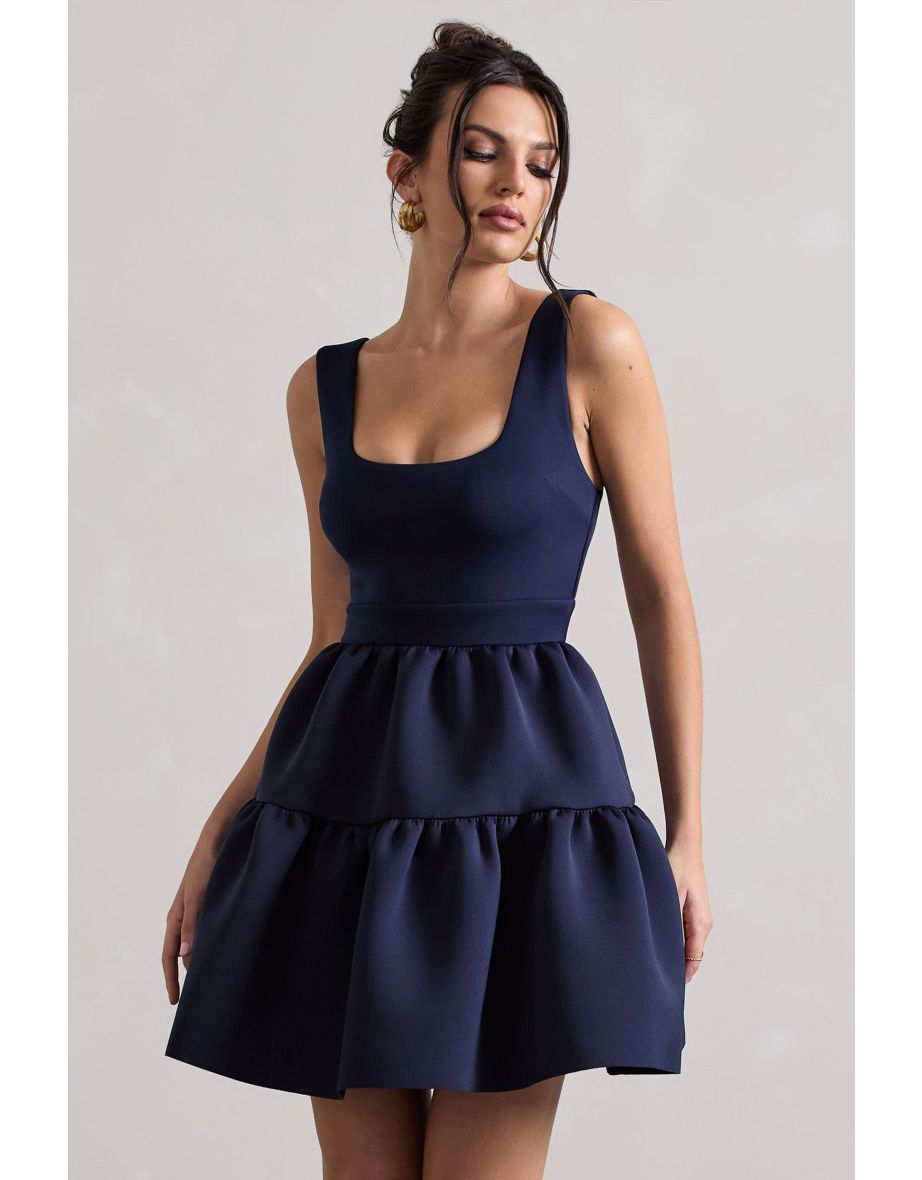 Alia | Navy Scoop-Neck Tiered Volume Hem Mini Dress - 4