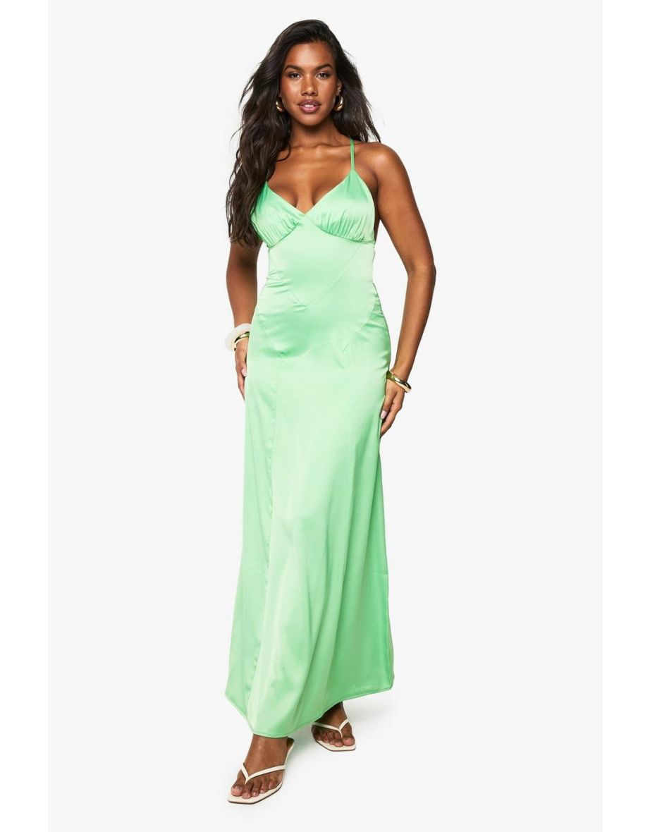 Satin Strappy Cross Over Slip Dress - lime