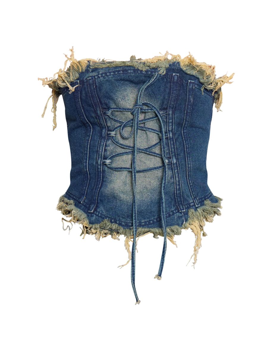 Vintage Blue Extreme Raw Edge Lace Up Denim Corset - 4