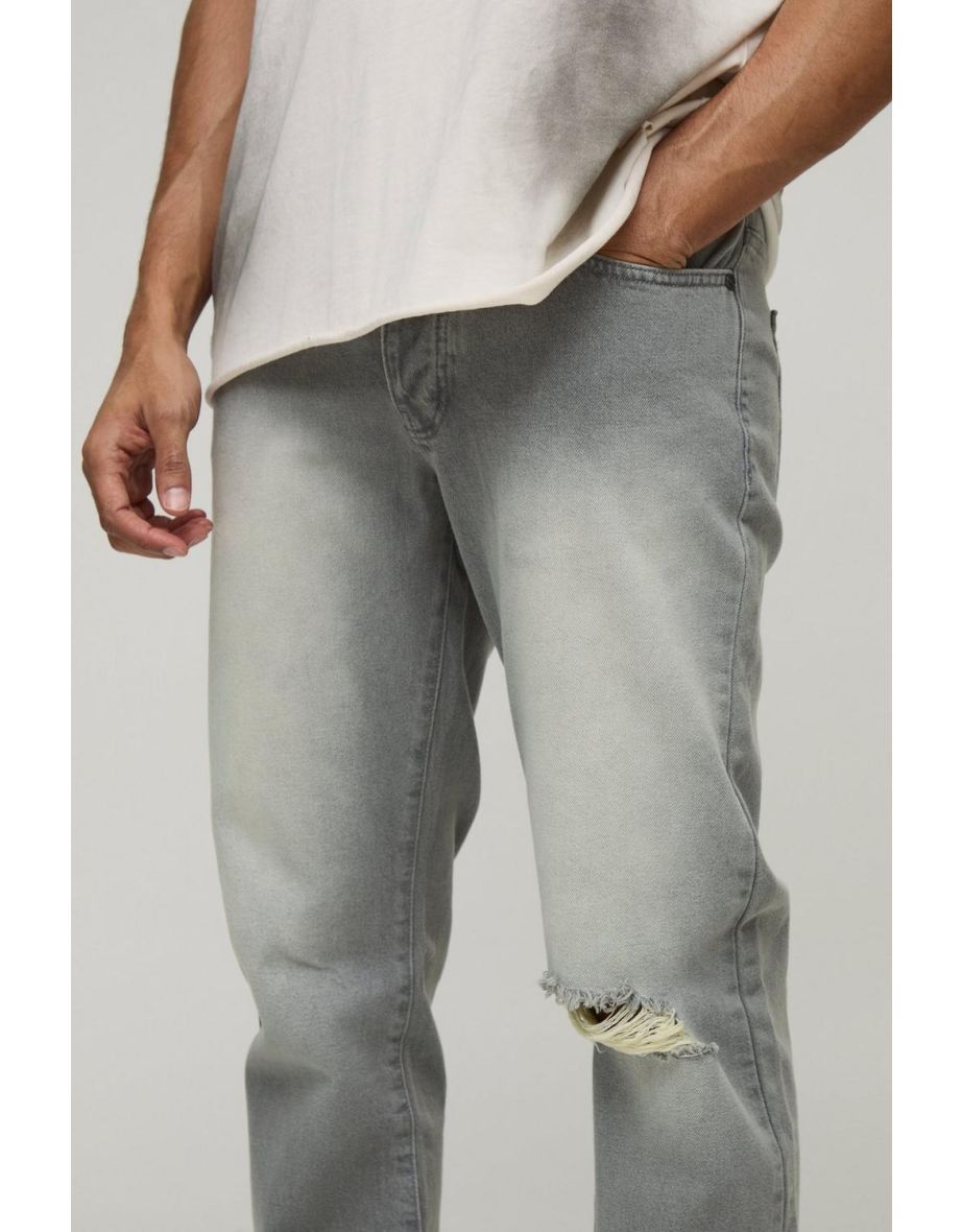 Straight Fit Ripped Knee Vintage Grey Jeans - grey - 2