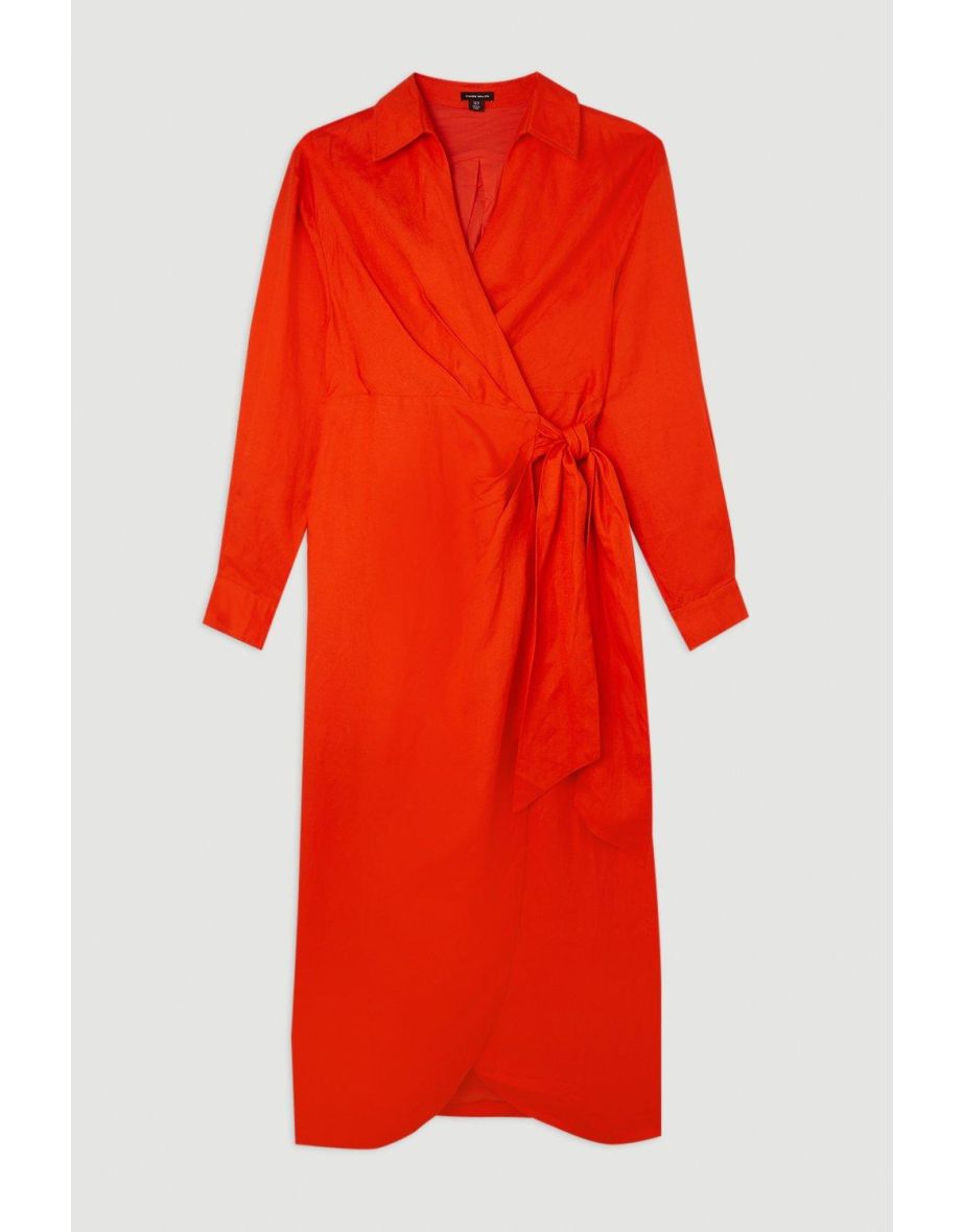 Viscose Linen Woven Tie Wrap Maxi Shirt Dress - 3