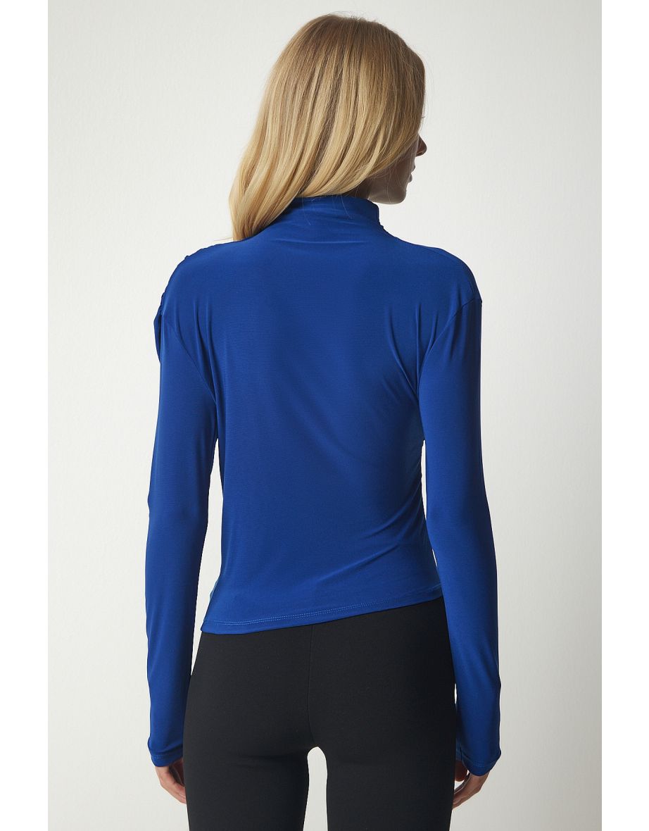 Women's Blue Smocking Detail Standing Collar Sandy Blouse - 3