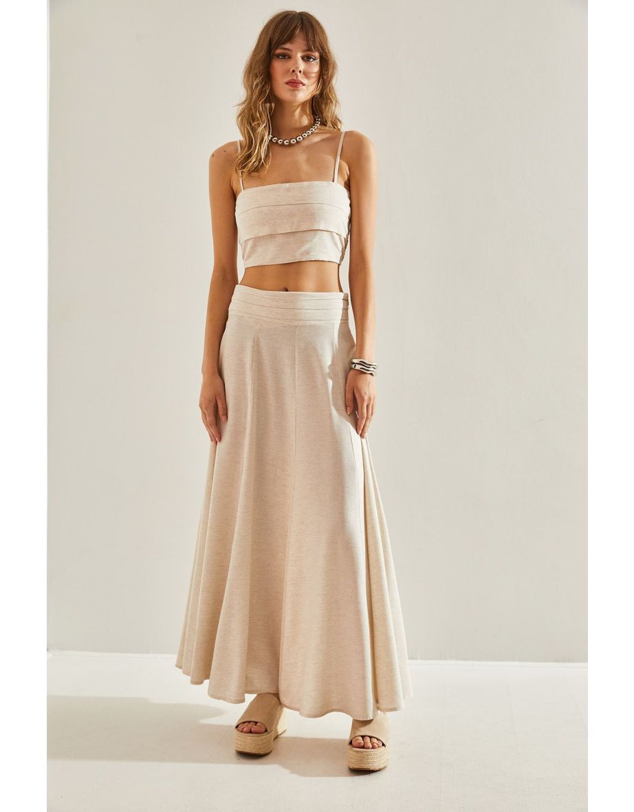 Women's Rope Strap Crop Top and Bottom Set with Flared Skirt - 3