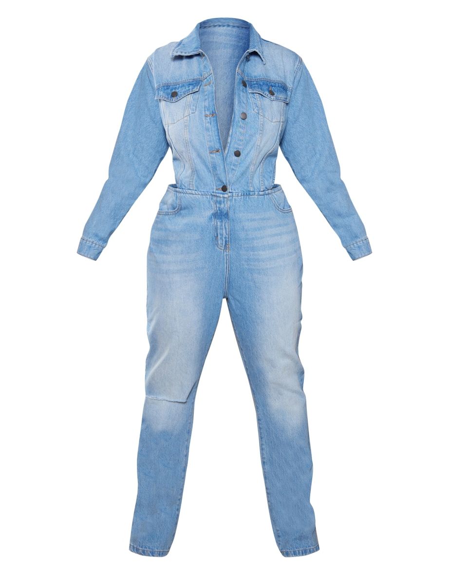Plus Light Blue Wash Cut Out Side Denim Jumpsuit - 4