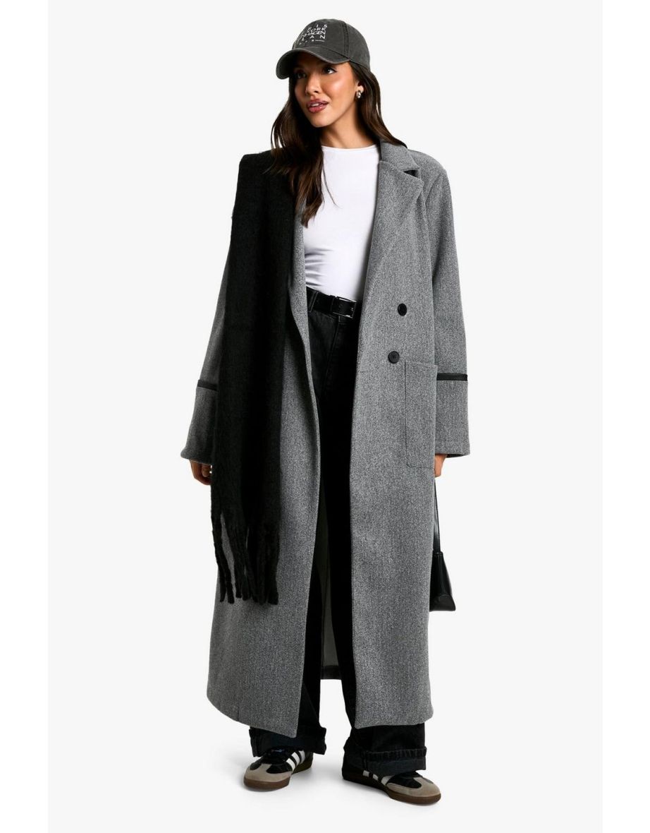 Oversized  Faux Leather Trim Wool Look Coat