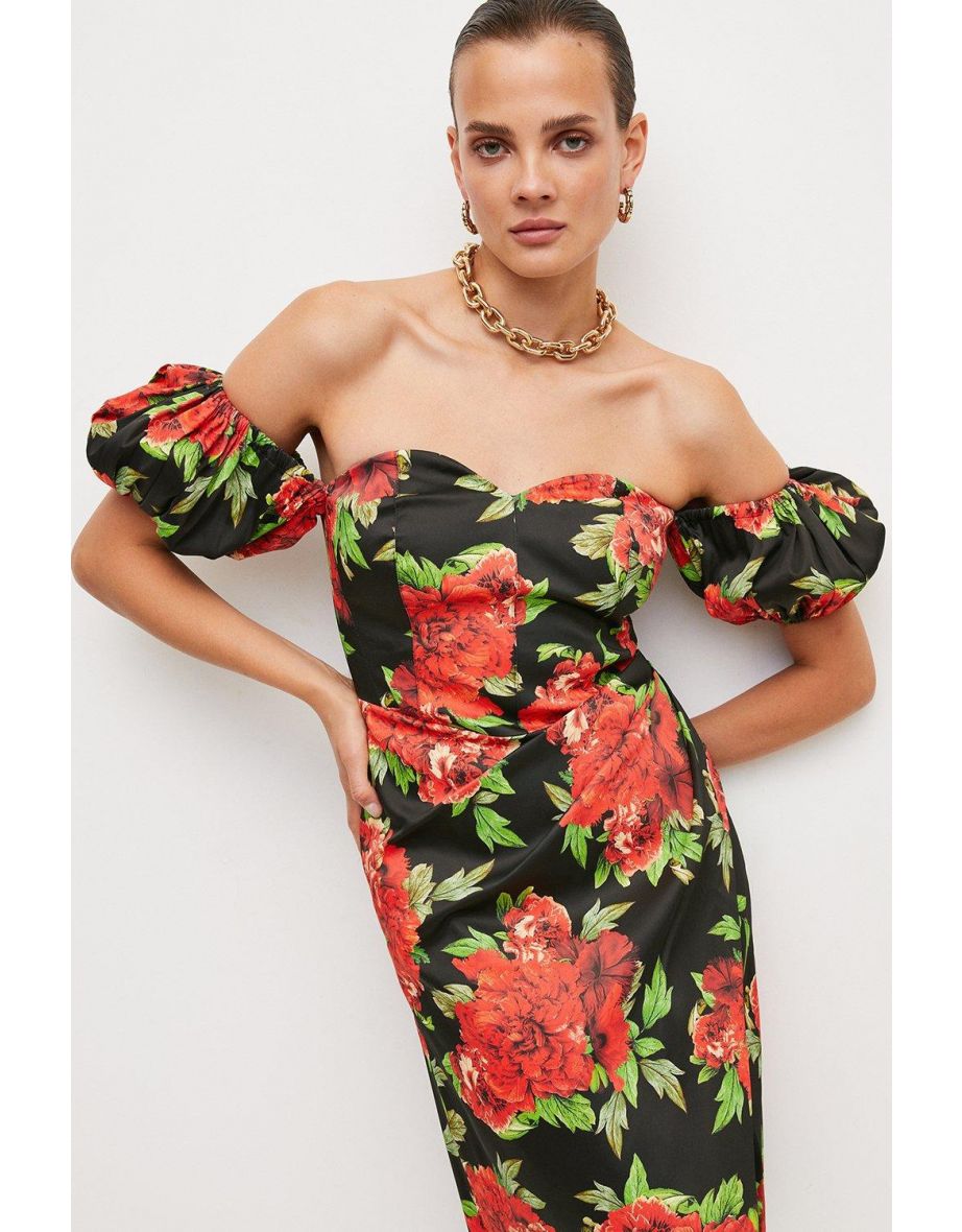 Italian Signature Stretch Rose Print Bardot Midi Dress