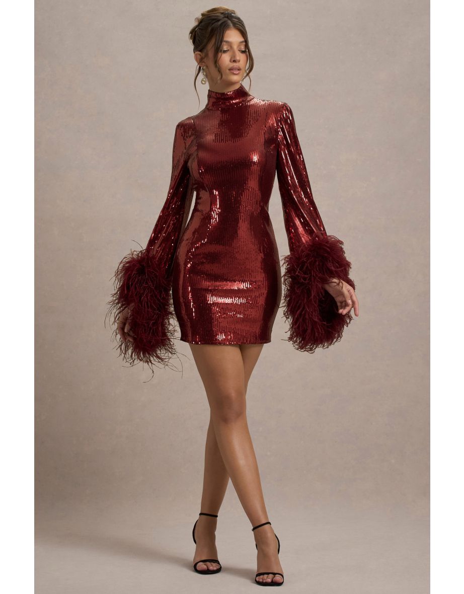 Cupid | Port Sequin High-Neck Mini Dress With Feather Cuffs - 5