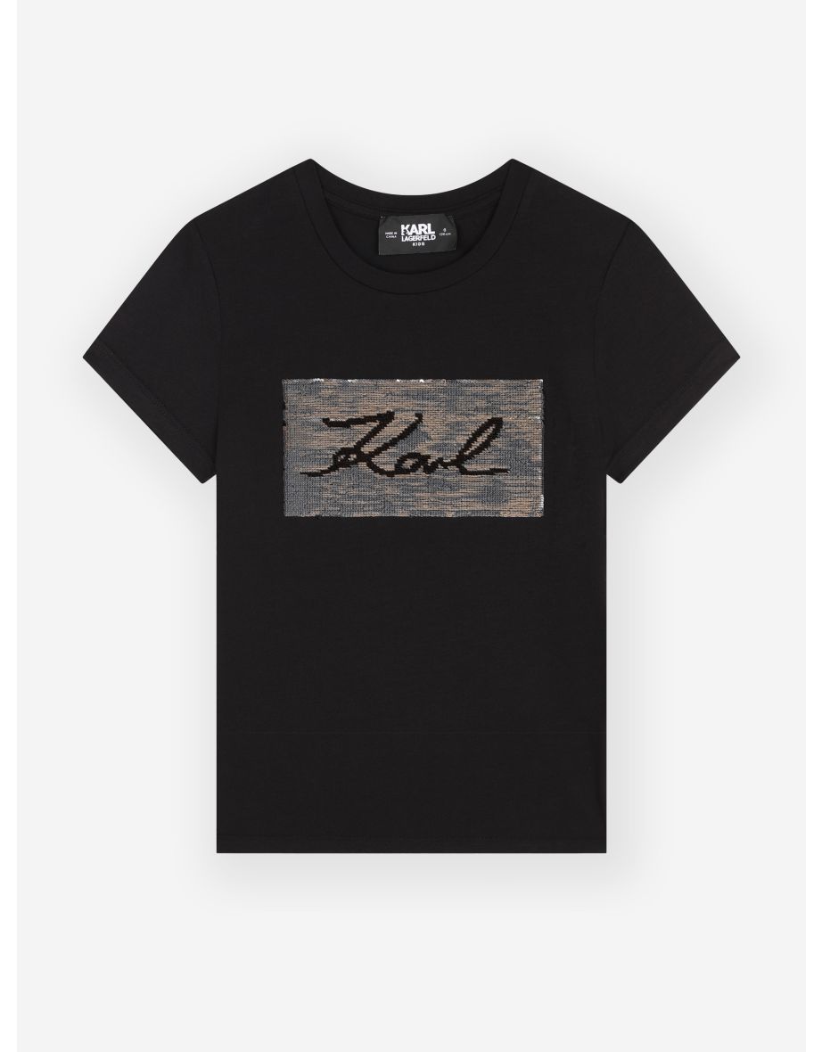 Karl Lagerfeld Girls Reversible Sequin Logo T-Shirt in Black