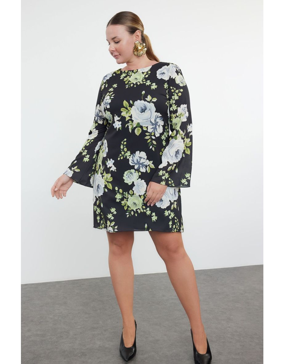 Black Boat Neck Floral Patterned Satin Dress